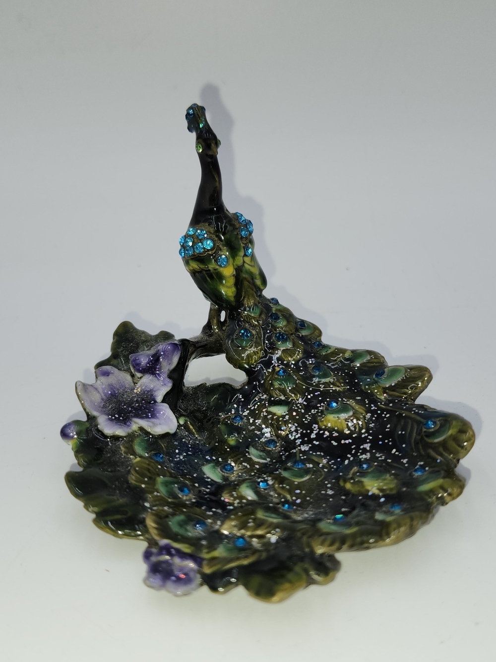 Decorative Peacock Enamel Ring Small Jewlery Trinket Dish in Green and Blue